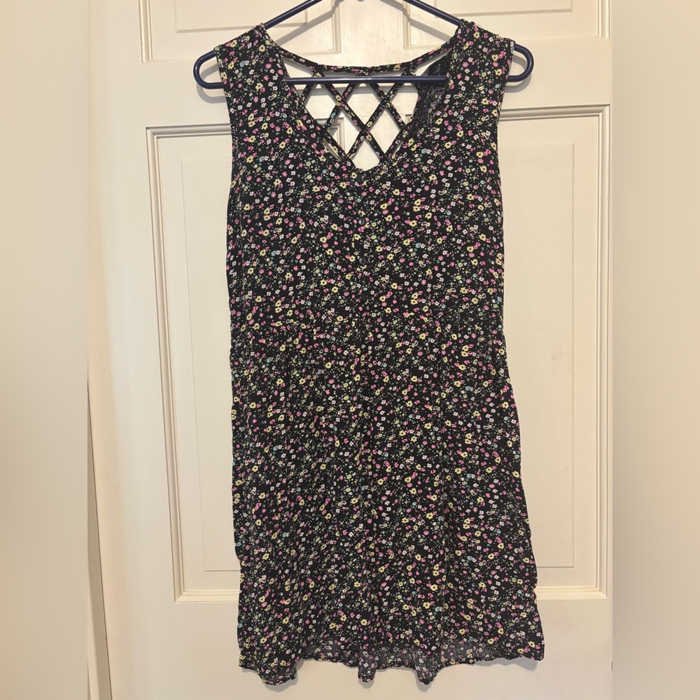 Black Floral colorful Dress criss cross back tank top dress mini sleeveless sexy